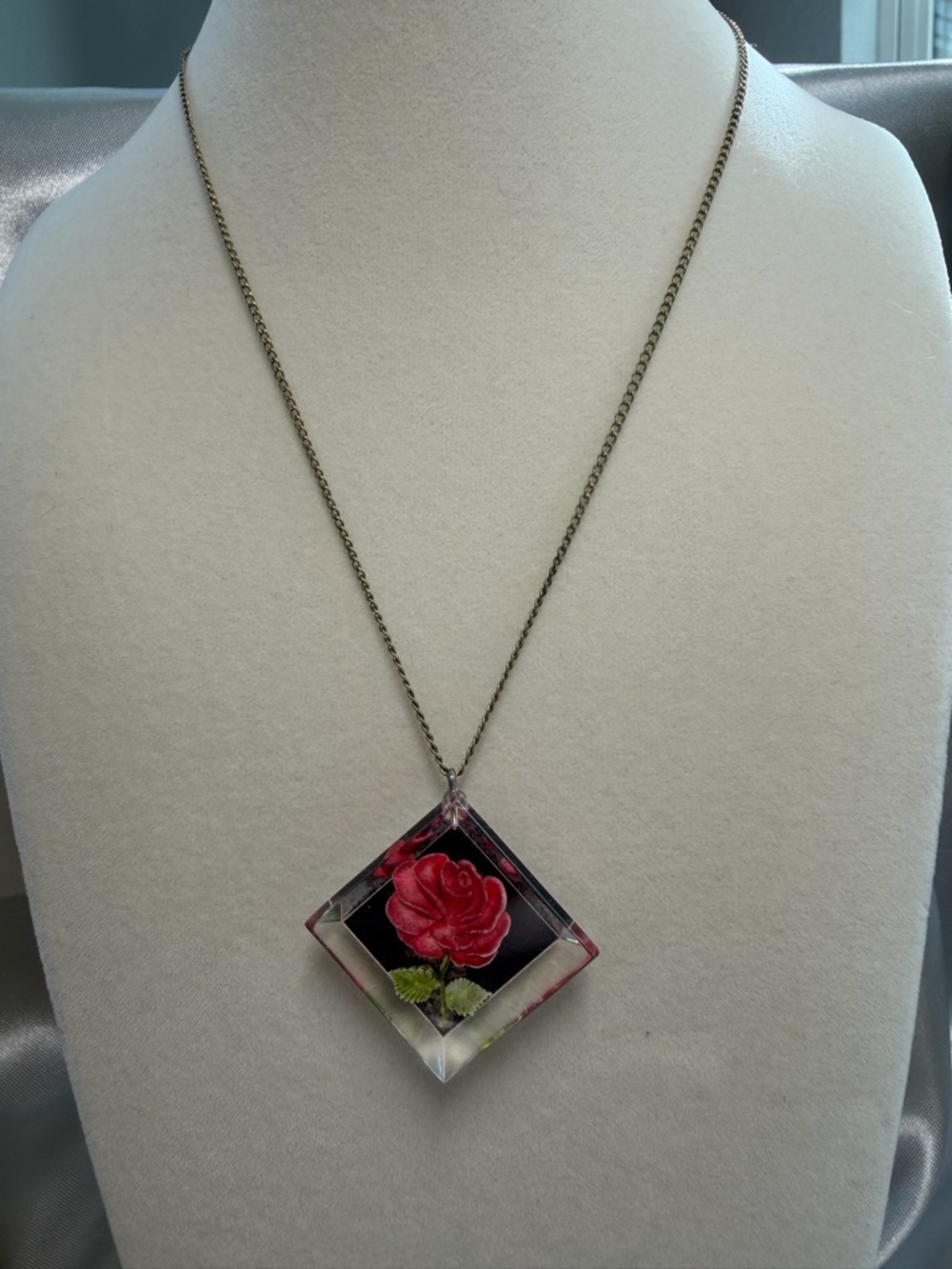 Vintage Mid-Century Reverse Carved Lucite Rose Necklace